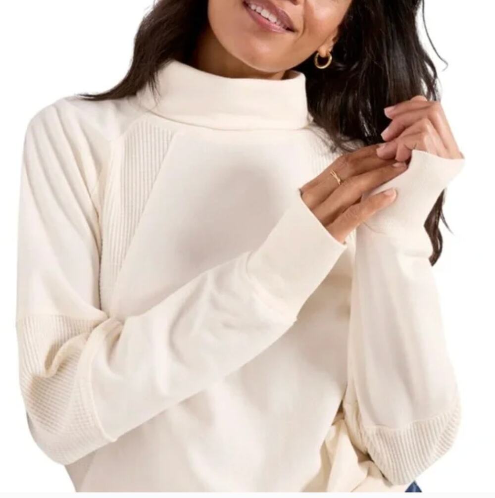 EVEREVE Women's Waffle Knit Sweatshirt LARGE Cream Kassandra Thumbholes NWT